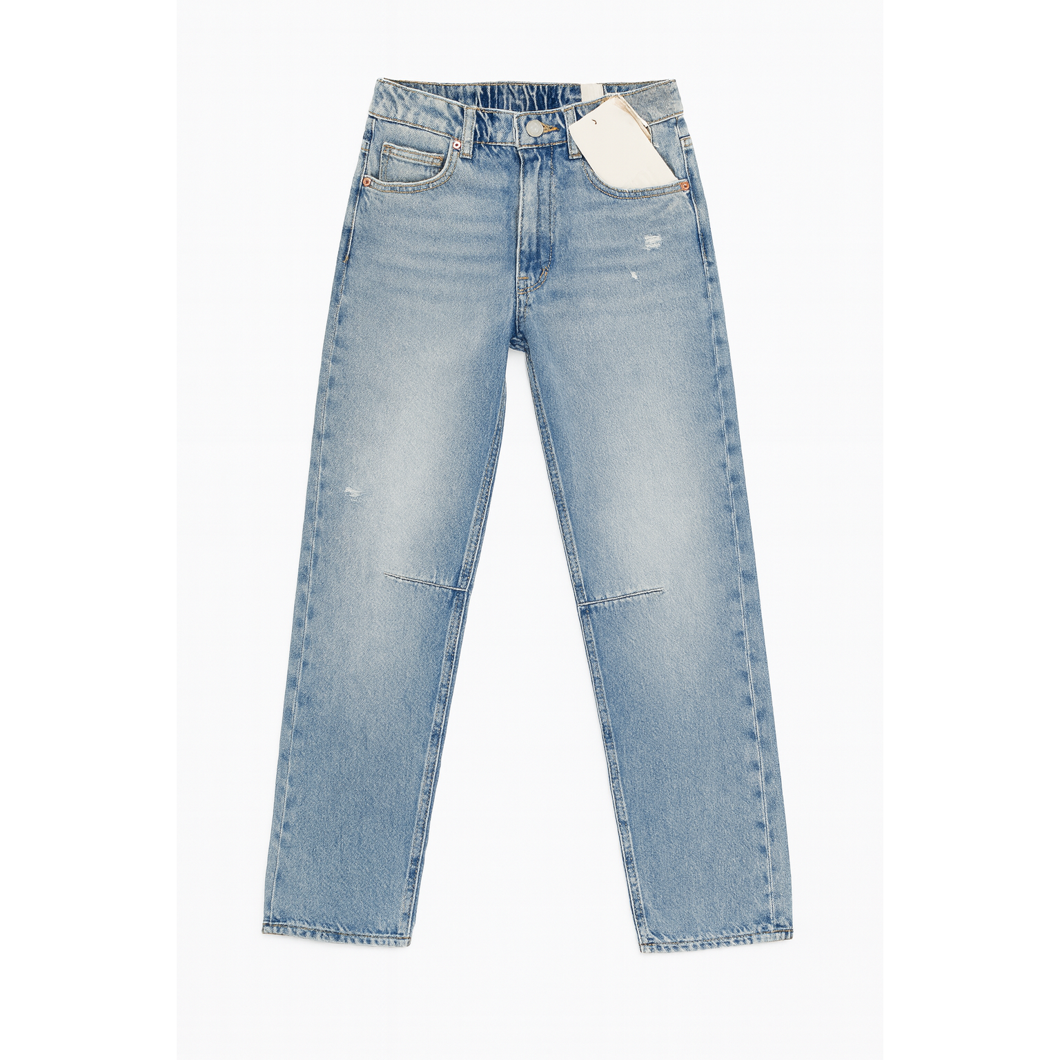 Light blue jeans with a tag on a white background
